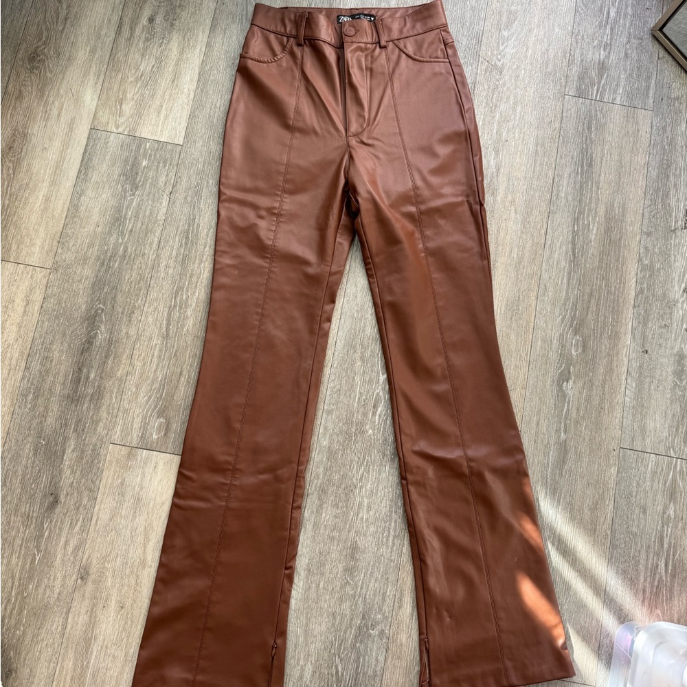 Zara Brown Faux Leather Flare Trousers - Size Small
